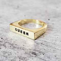 Hand Stamped QUEEN Ring: Gold Plated, Vermeil or Sterling Silver Flat Top Band Salt and Sparkle