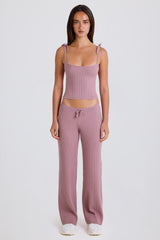 Ribbed Knit Wide-Leg Joggers in Mauve