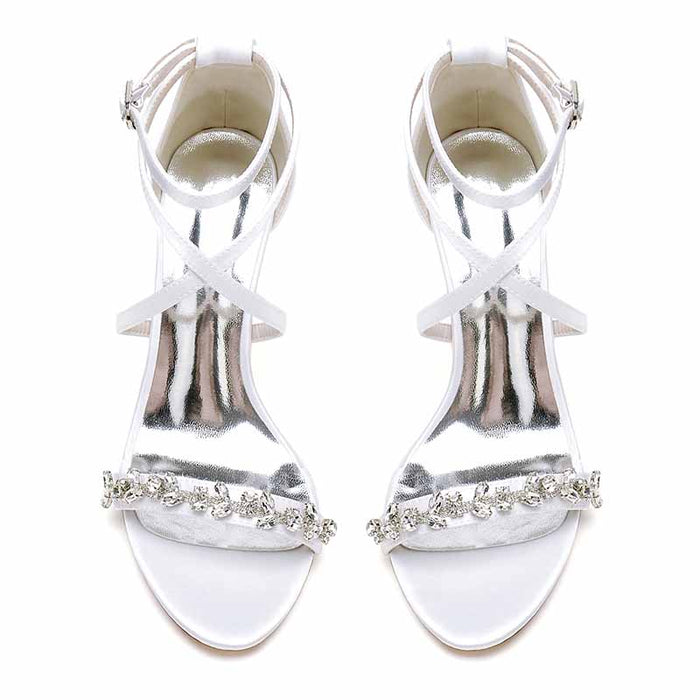 S&DCo. Rhinestone high heel wedding pumps with elegant cross-strap design and shimmering details