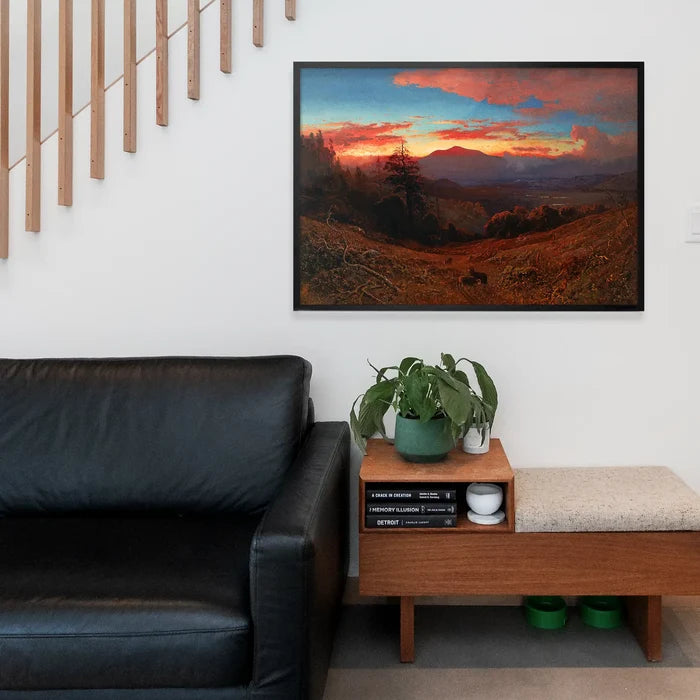 Sunset on Mount Diablo Print by William Keith, fine art poster framed above a living room sofa