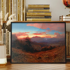 Sunset on Mount Diablo Print by William Keith framed on a living room bookshelf