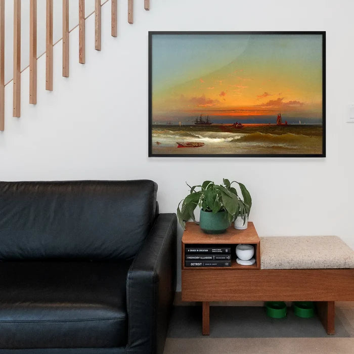 Sunset Seascape Print by James Hamilton, fine art poster framed above a living room sofa