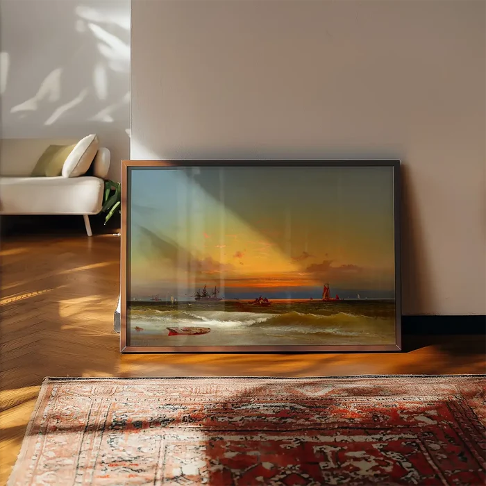 Sunset Seascape Print by James Hamilton framed, leaning on a wooden floor beside a rug
