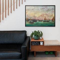 Tall masted steamer Print by Basilio Ivankovic, fine art poster framed above a living room sofa