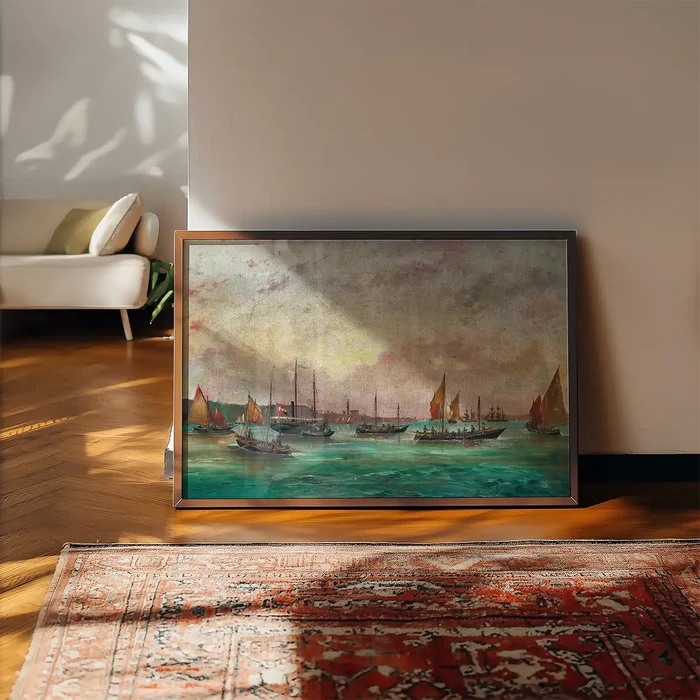 Tall masted steamer Print by Basilio Ivankovic framed, leaning on a wooden floor beside a rug
