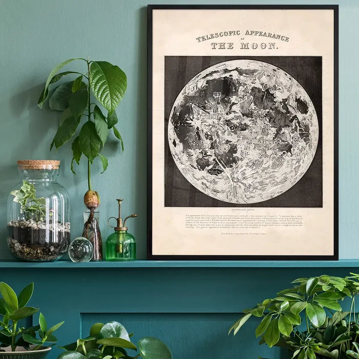 Telescopic Appearance of the Moon art print, educational poster black framed on a living room shelf