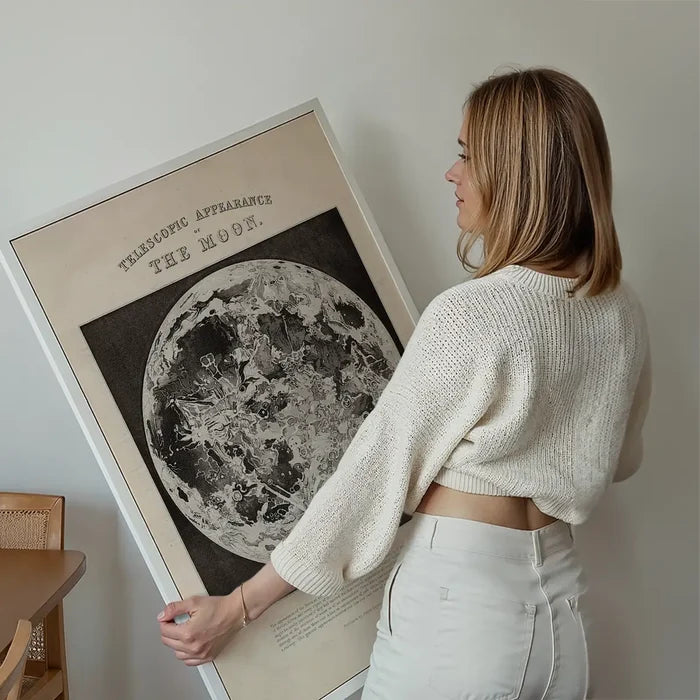 Telescopic Appearance of the Moon art print held up against a living room wall