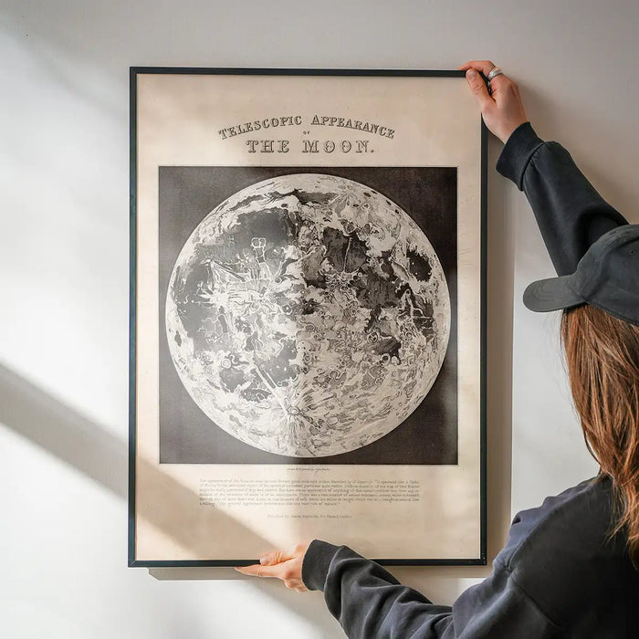 Telescopic Appearance of the Moon art print being hung on a wall in a black frame