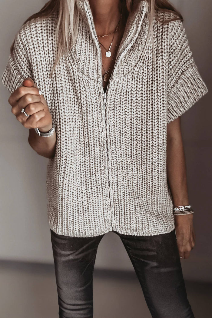 Textured Zip-Up Short Sleeve Sweater Cardigan