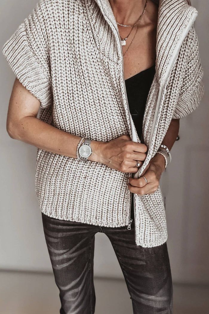 Textured Zip-Up Short Sleeve Sweater Cardigan