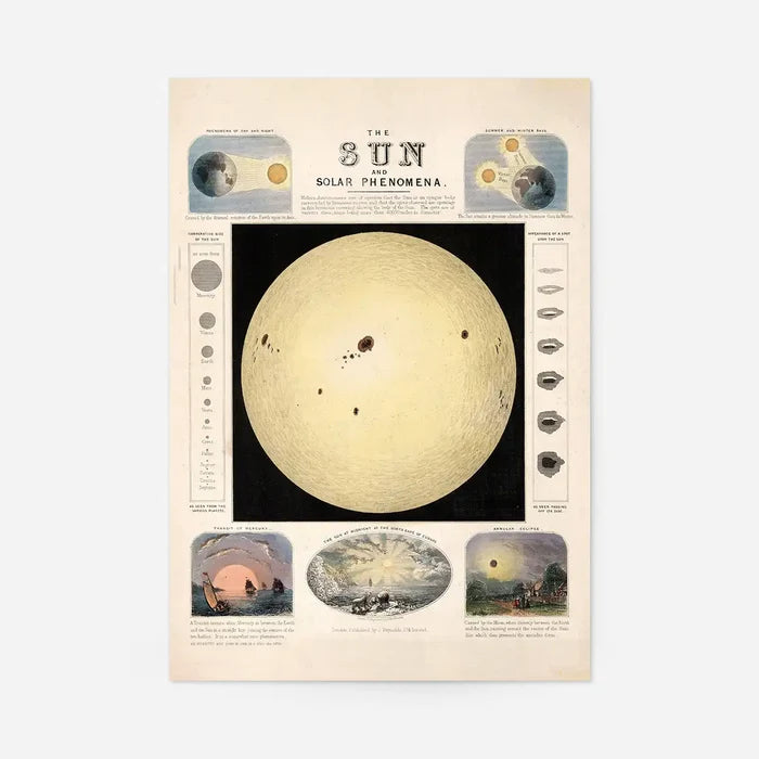 The Sun and solar phenomena art print, educational poster, unframed