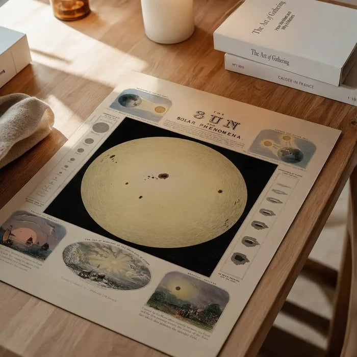 The Sun and solar phenomena art print, educational poster unframed on a home office desk