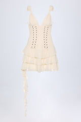 Lace-Up Ruffled Tiered Mini Dress in Ivory