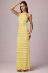 Ruffled Backless Halterneck Maxi Dress in Lemon Yellow