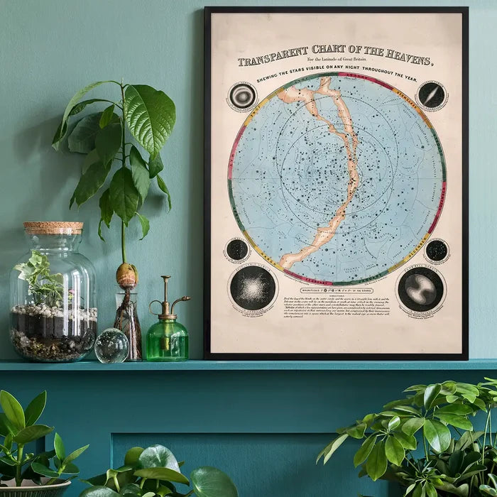 Transparent Chart of the Heavens art print, educational poster black framed on a living room shelf