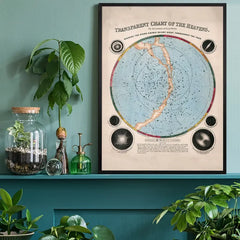 Transparent Chart of the Heavens art print, educational poster black framed on a living room shelf