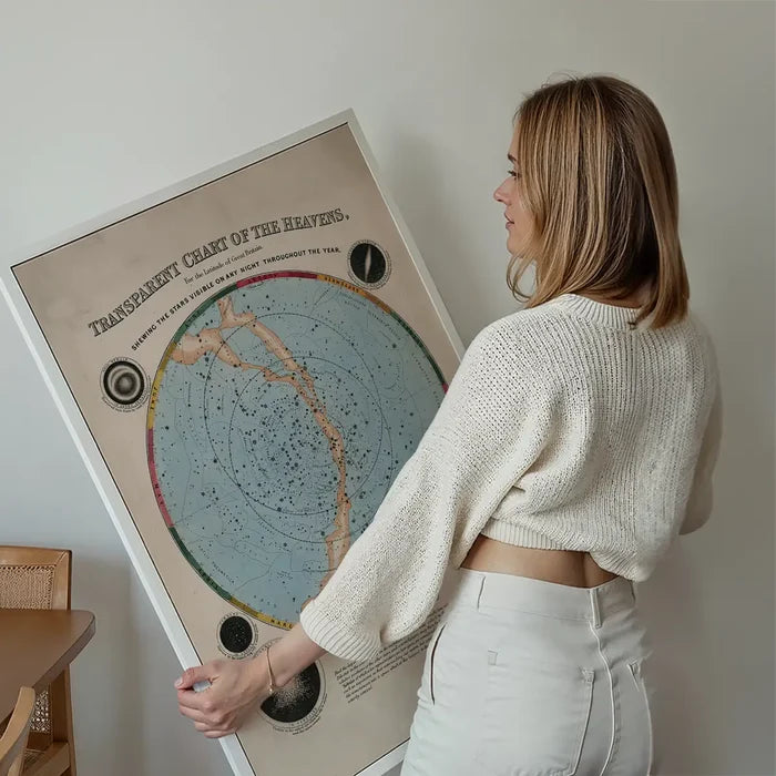 Transparent Chart of the Heavens art print held up against a living room wall