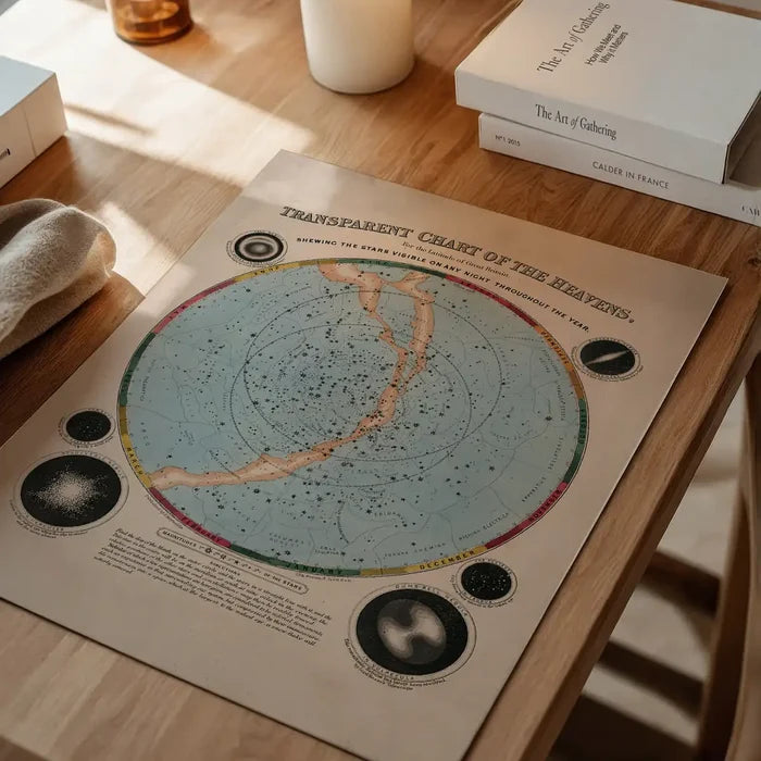 Transparent Chart of the Heavens art print, educational poster unframed on a home office desk