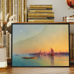 Venice Sunset Print by Ivan Konstantinovich Aivazovsky framed on a living room bookshelf
