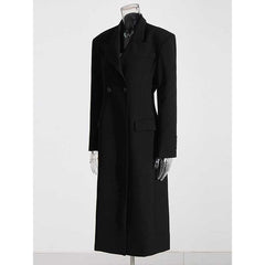 Elegant women's black maxi blazer coat with a double-breasted design and tailored fit