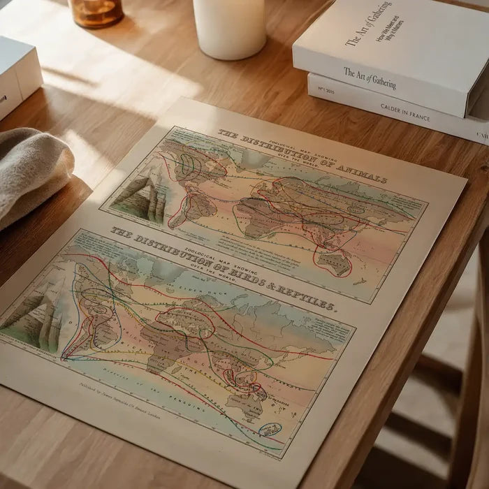 Zoological map of the distribution of animals art print, educational poster unframed on a home office desk